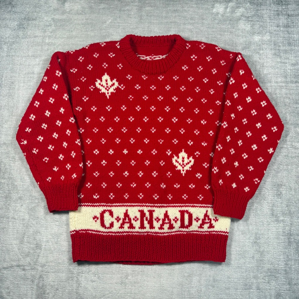 Vintage Hand Knit Sweater Youth Large Red Canada Maple Leaf Flag Fair Isle